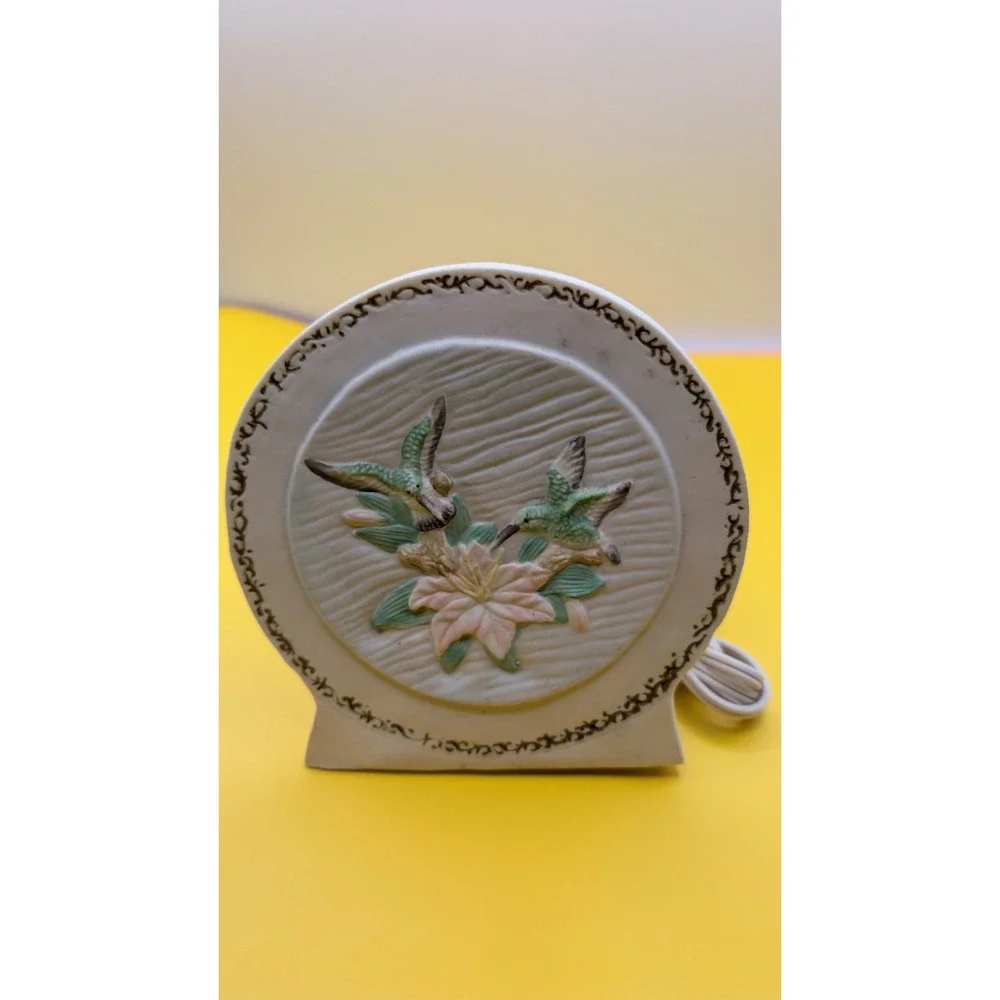 Vintage Ceramic Hummingbird Accent Table Lamp | Embossed Floral Night Light